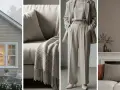 Ein Haus, eine Couch mit Decke, ein Hosenanzug und ein Kamin – alles in harmonischer farbe greige kombinieren.
