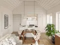 Gemütliches tiny house interior mit Essbereich, Küche und Wohnzimmer. Helle Farben, Holzfußboden und Pflanzen schaffen eine einladende Atmosphäre.