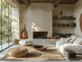 Gemütliches Wohnzimmer im **wabi sabi stil** mit Kamin, großem Fenster und natürlichen Materialien.