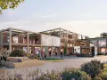 Moderne Holzarchitektur mit begrünten Dächern, die das cradle to cradle Prinzip verkörpert. Menschen entspannen und interagieren im Außenbereich.
