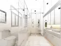 Moderne Waschraum Ideen: ein Entwurf mit Toilette, Badewanne, Doppelwaschbecken und viel Stauraum.