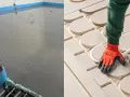 Links: frisch gegossener Estrich. Rechts: Verlegung von Heizungsrohren in einem Trockenestrich-System.