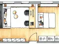 Grundriss einer kleinen Wohnung: Küche, Wohnbereich mit Sitzgelegenheiten, Schlafbereich mit Bett und ein Badezimmer.