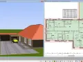 Ein Bungalow ist ein ebenerdiges Haus. Dieses Bild zeigt einen 3D-Entwurf und einen Grundriss eines Bungalows mit Garage.