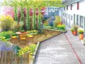 Ein idyllischer Innenhof mit Holzdeck, Sitzgruppe und üppiger Bepflanzung. Tolle Ideen zur Gestaltung eines Innenhofs mit bunten Blumen und Gräsern.