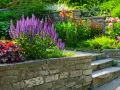 Blühende Stauden und Stufen aus Naturstein beleben die gartengestaltung hanglage. Violette Salbei-Rispen und rote Heuchera bilden einen farbenfrohen Blickfang.