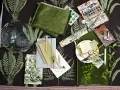 Ein Moodboard mit grünen Stoffen, Aquarellfarben, Pinseln und Farnmotiven. Hier wird gezeigt, was ein Moodboard ist: eine Sammlung von Inspirationen.