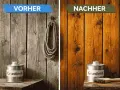 Vorher/Nachher: Graues Holz wird mit Grundieröl zu warmem Braun. Wandfarbe auf Holz schützt und verschönert.