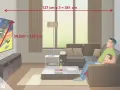 Ein Vater mit seinem Sohn genießt den neuen Fernseher im Raum. Die Maße des Fernsehers werden angezeigt.