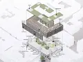 Explosionszeichnung eines modularen Holzbaus mit Wohnungen, Handel und Technik. Ein Kreislauf-Konzept, das Cradle to Cradle-Prinzipien widerspiegelt.