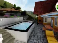 Moderne Pool am Hang Ideen: Rechteckiger Pool mit Sonnendeck, Grill und Liegestühlen vor einem Haus mit Ziegeldach.