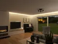 Gemütliches Wohnzimmer mit Kamin, Klavier und großem Fenster zum Garten. Ein perfekter Ort, um stilvoll einzurichten und zu entspannen.
