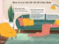 Ein Wohnzimmer illustriert die 60-30-10 Regel für Farben: Ein grünes Sofa (60%), gelbe und rote Kissen (30%) und eine Decke (10%).