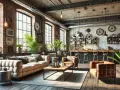 Gemütliches Wohnzimmer im industrial style mit Backsteinwänden, großen Fenstern, bequemen Sofas und einer Küchenzeile.