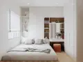 Moderne zimmer einrichten ideen: Ein helles Schlafzimmer mit weißem Bett, integrierten Regalen und einem Schminktisch.