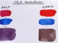 Kaltes Lila mischen: Rot + Blau ergibt ein kräftiges Lila. Warmes Lila mischen: Rot + Blau ergibt ein Braun.