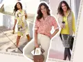 Drei Frauen präsentieren Outfits, die zeigen, welche Farbe passt zu Beige: von gelb-grauem Musterkleid bis zu beige-gelber Weste.