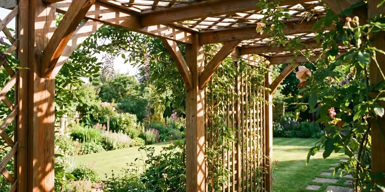 Holzpergola mit Kletterrosen und Glyzinien, die den Garten umrahmen. Die Pergola Bedeutung als romantischer Rückzugsort im Grünen.