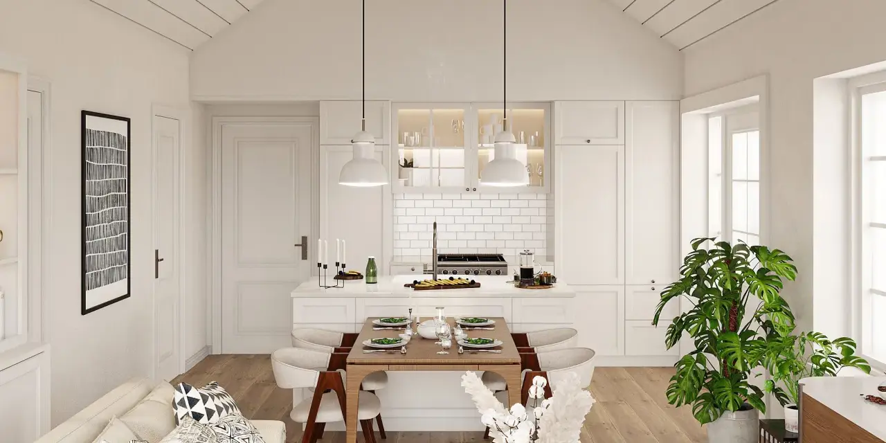 Gemütliches tiny house interior mit Essbereich, Küche und Wohnzimmer. Helle Farben, Holzfußboden und Pflanzen schaffen eine einladende Atmosphäre.
