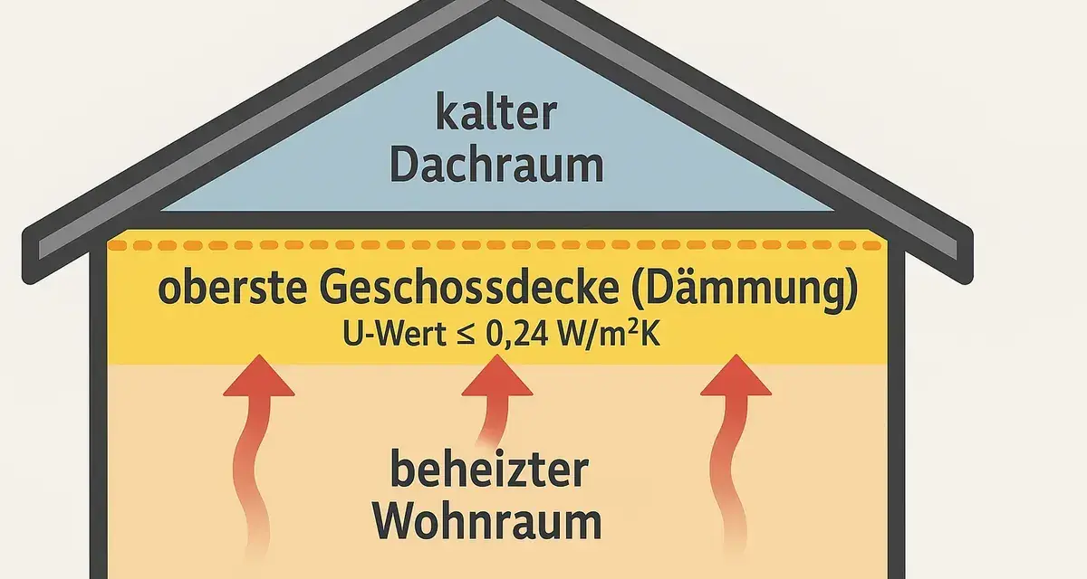 Schema eines Kaltdach-Aufbaus: Warme Luft steigt aus dem beheizten Wohnraum zur gedämmten obersten Geschossdecke auf und gelangt in den kalten Dachraum.