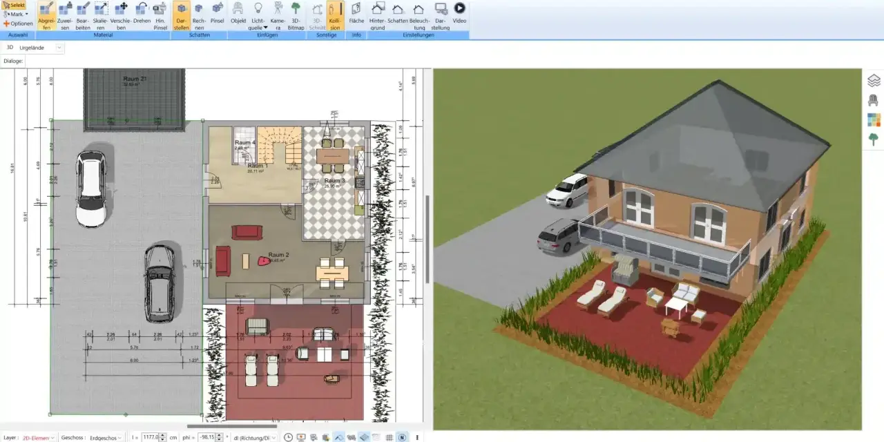 Grundriss eines kleinen Hauses mit 2 Etagen, Garage und Garten. Der Grundriss zeigt Räume, Möbel und Autos.