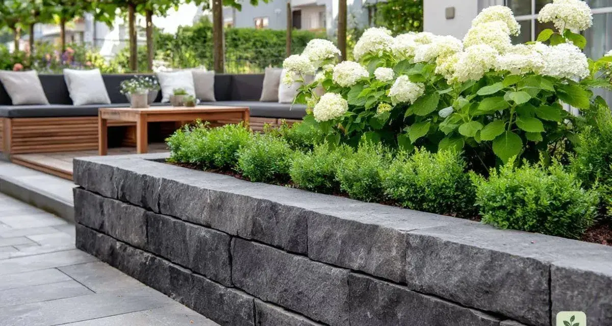 Moderne Terrasse mit Steinmauer und einem üppigen Beet. Ein gemütliches Lounge-Set lädt zum Entspannen ein.
