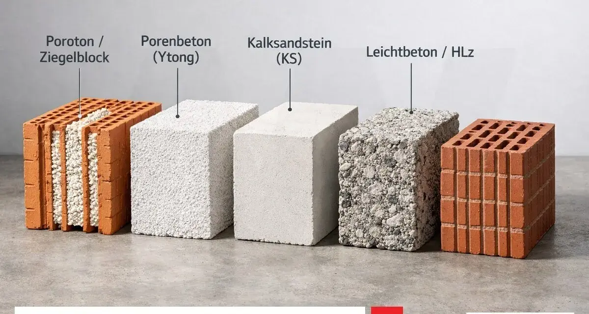 Vergleich verschiedener Mauerwerk Steine Arten: Poroton, Porenbeton, Kalksandstein und Leichtbeton.