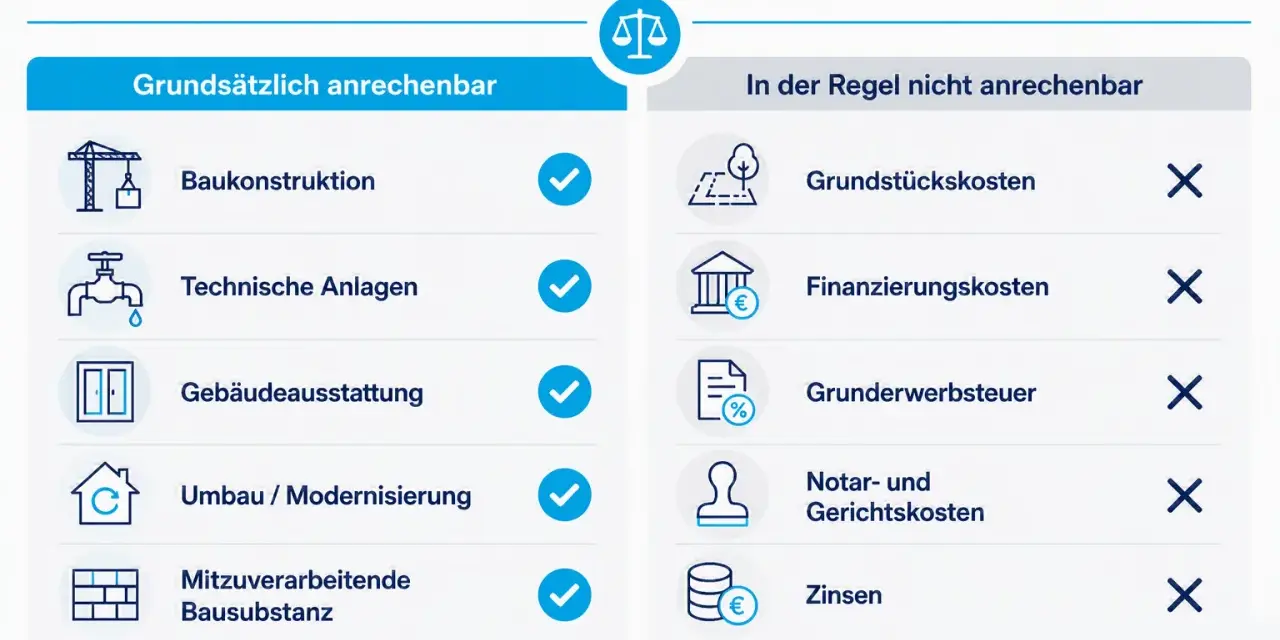 Übersicht anrechenbarer Kosten nach HOAI, z.B. Baukonstruktion, technische Anlagen. Nicht anrechenbar sind Grundstückskosten, Finanzierungskosten, Grunderwerbsteuer, Notar- und Gerichtskosten sowie Zinsen, relevant für die leistungsphase 7.