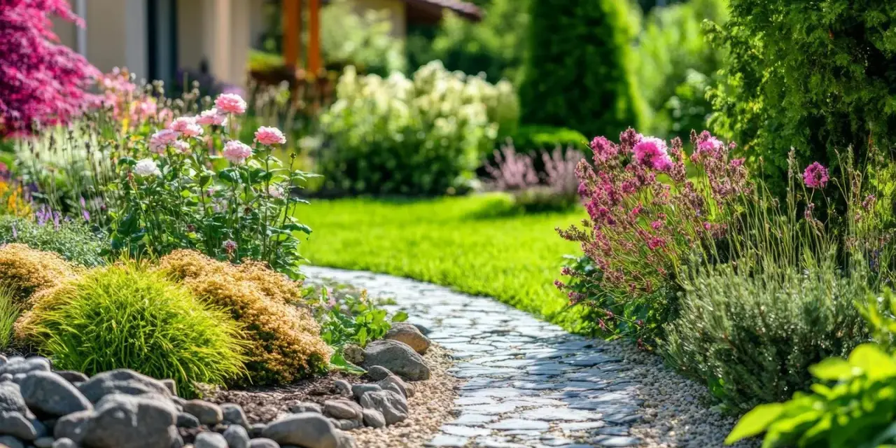 Ein geschwungener Steinweg führt durch einen blühenden Garten. Perfekt, um Ideen für das **Garten umgestalten** zu sammeln.