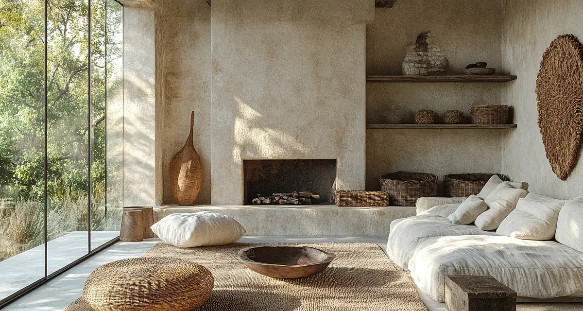 Gemütliches Wohnzimmer im **wabi sabi stil** mit Kamin, großem Fenster und natürlichen Materialien.