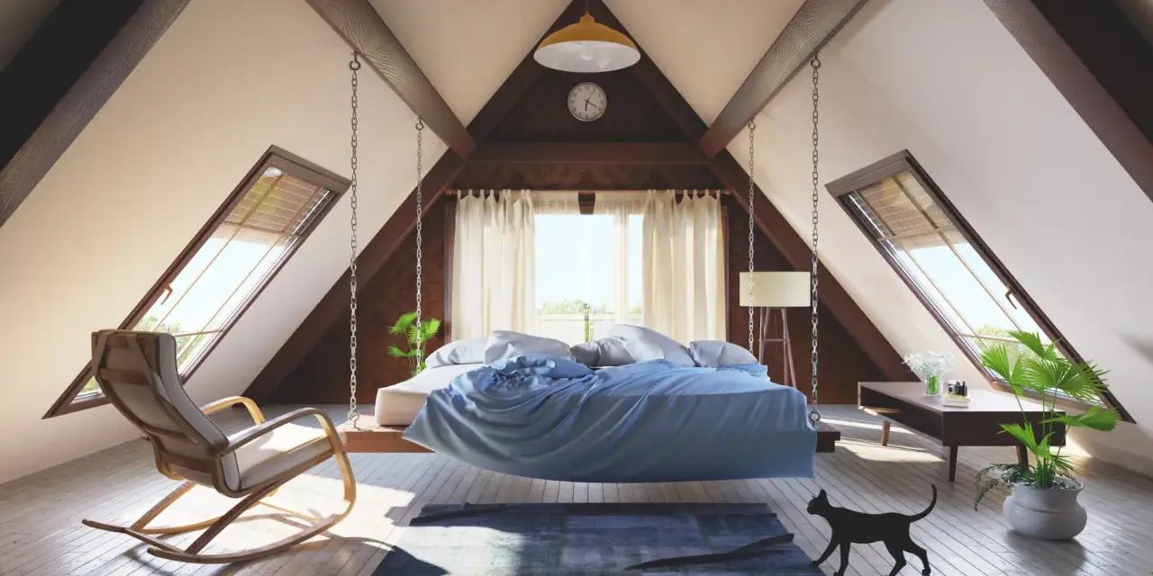 Schlafzimmer im Dachgeschoss: Hängendes Bett, Schaukelstuhl und Fenster. Tolle Ideen für niedrigen Dachboden ausbauen!