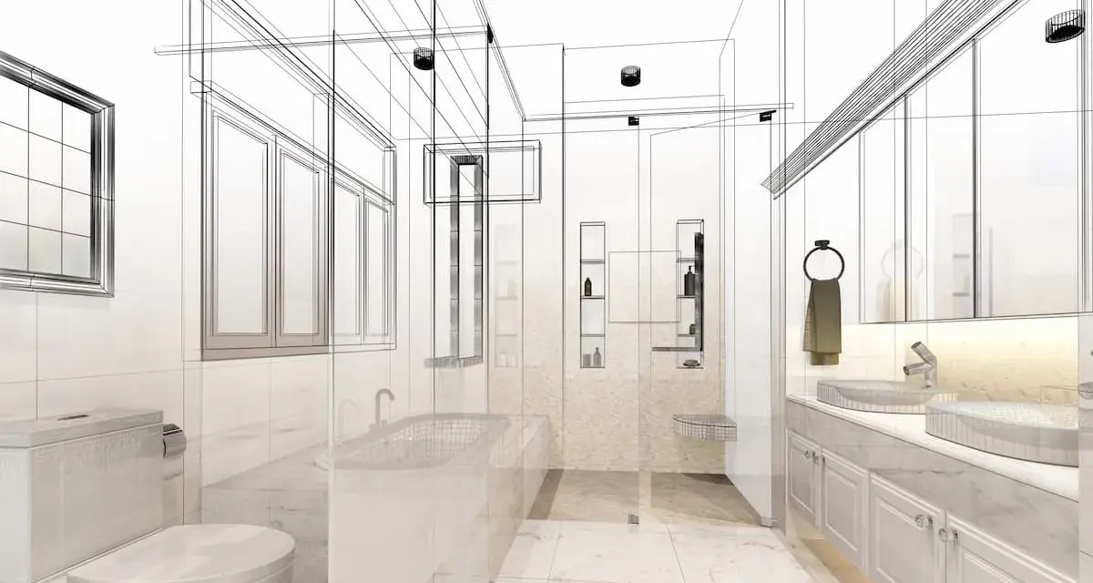 Moderne Waschraum Ideen: ein Entwurf mit Toilette, Badewanne, Doppelwaschbecken und viel Stauraum.