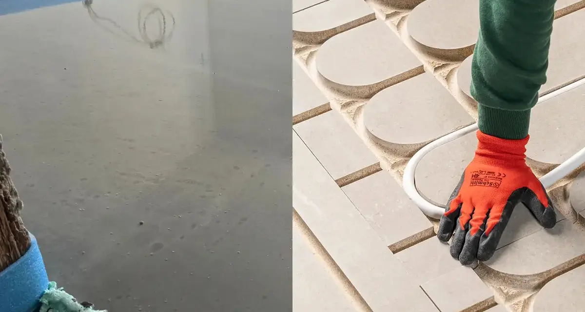 Links: frisch gegossener Estrich. Rechts: Verlegung von Heizungsrohren in einem Trockenestrich-System.