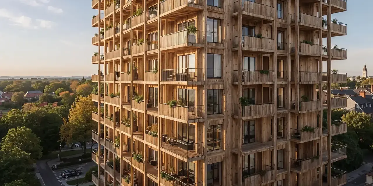 Ein Hochhaus aus Holz, das **nachhaltige Architektur** verkörpert. Viele Balkone mit Pflanzen schmücken die Fassade.