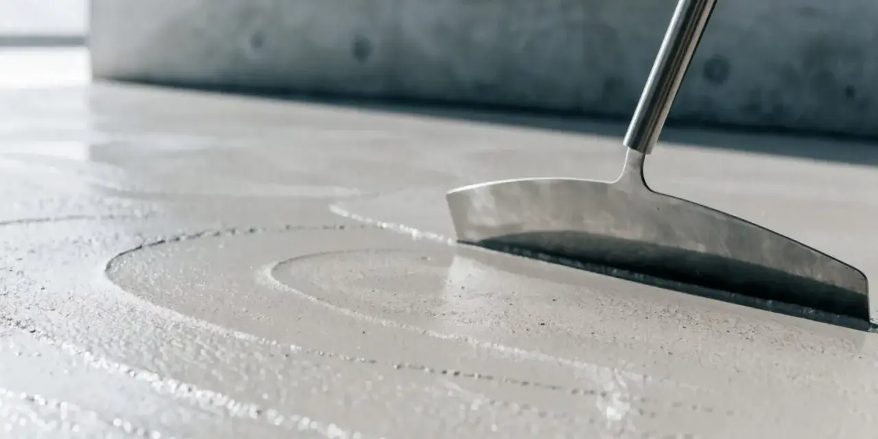 Glatter, nasser Beton wird mit einem Werkzeug bearbeitet, um die Oberfläche für das Beton ausschalen vorzubereiten.
