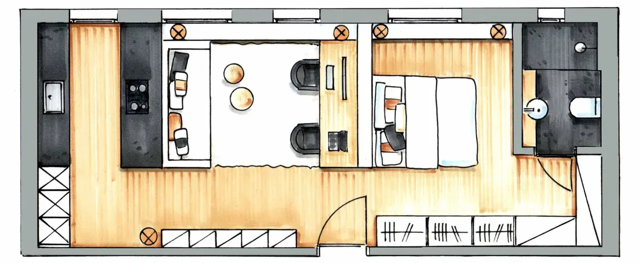 Grundriss einer kleinen Wohnung: Küche, Wohnbereich mit Sitzgelegenheiten, Schlafbereich mit Bett und ein Badezimmer.