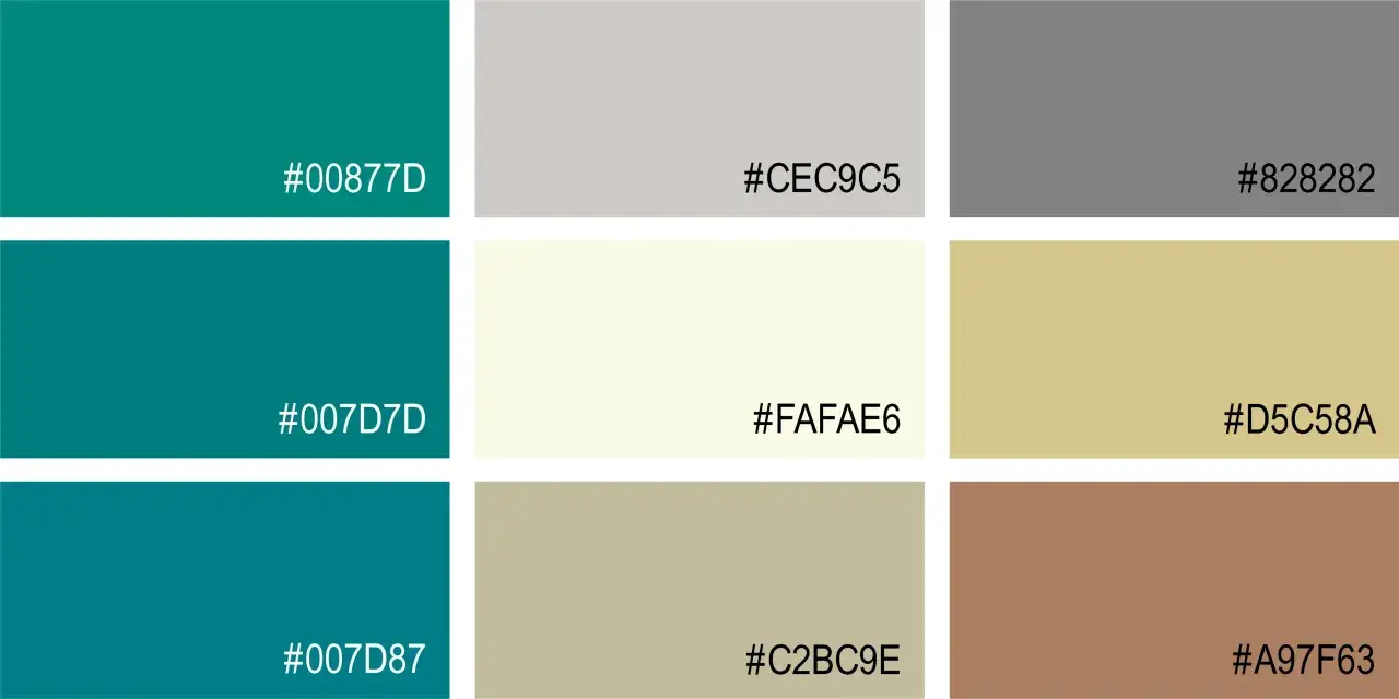 Farbpalette mit Petroltönen und passenden neutralen Farben wie Grau, Beige und Braun. Welche Farbe passt zu Petrol? Hier sind einige Optionen.