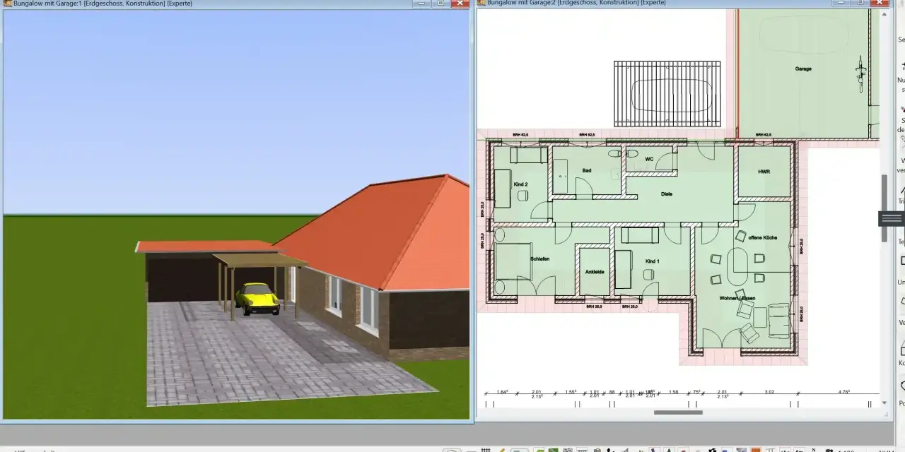 Ein Bungalow ist ein ebenerdiges Haus. Dieses Bild zeigt einen 3D-Entwurf und einen Grundriss eines Bungalows mit Garage.