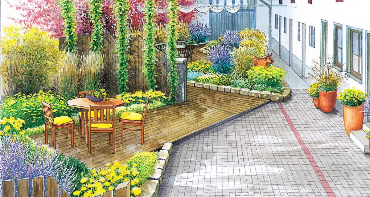 Ein idyllischer Innenhof mit Holzdeck, Sitzgruppe und üppiger Bepflanzung. Tolle Ideen zur Gestaltung eines Innenhofs mit bunten Blumen und Gräsern.