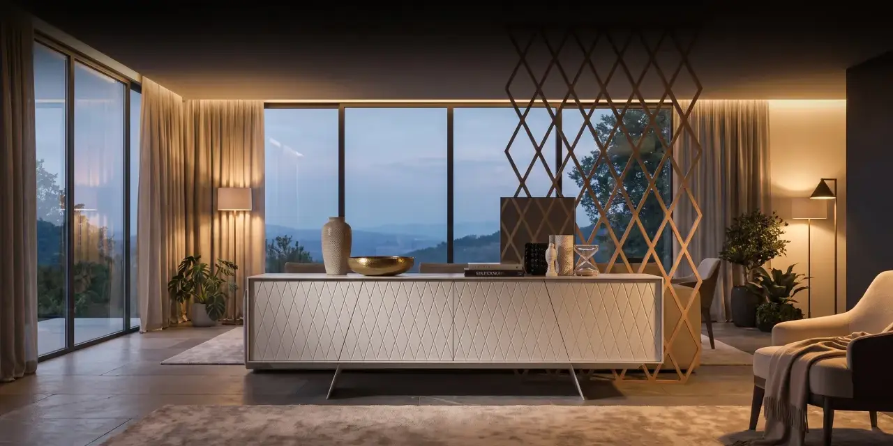 Stilvolles Sideboard dekorieren mit Vasen, Büchern und einer Sanduhr. Ein eleganter Raum mit großen Fenstern und gemütlicher Beleuchtung.