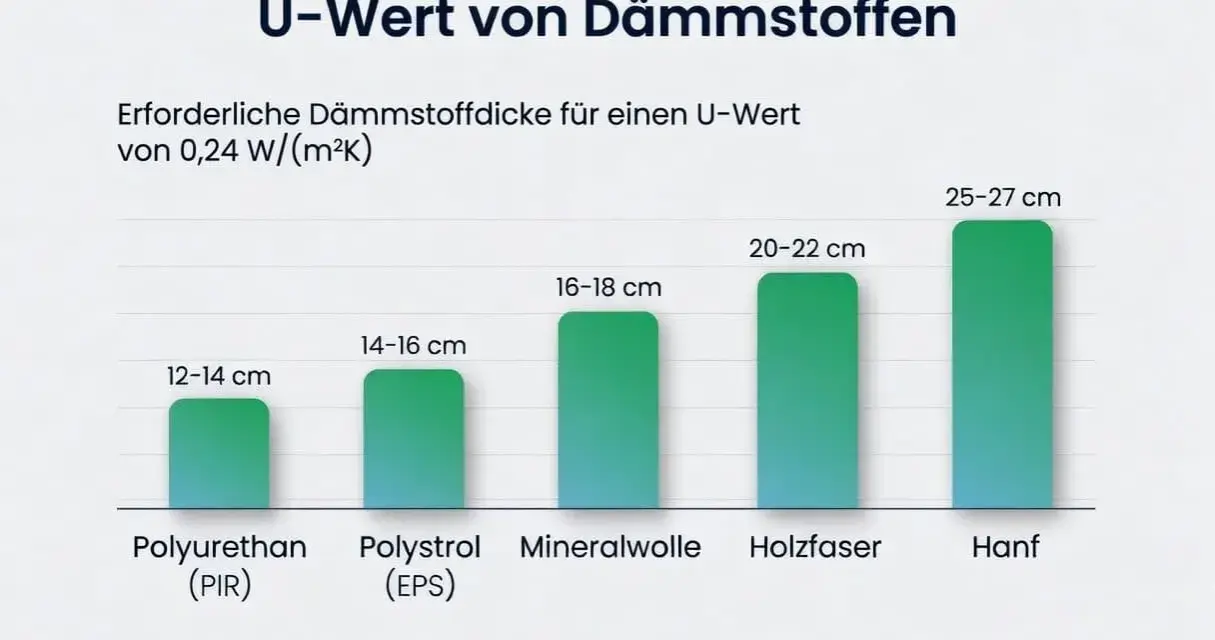 Balkendiagramm zeigt, wie dick Dämmstoffe für einen U-Wert von 0,24 W/(m²K) sein müssen: Hanf am dicksten (25-27 cm), Polyurethan am dünnsten (12-14 cm).