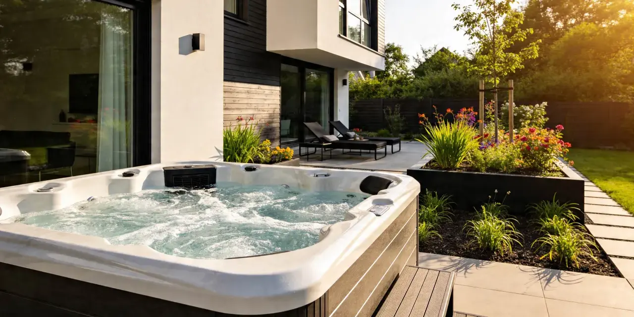 Ein sprudelndes **Jacuzzi** im Garten, umgeben von Blumen und moderner Architektur. Entspannung pur nach einem langen Tag.
