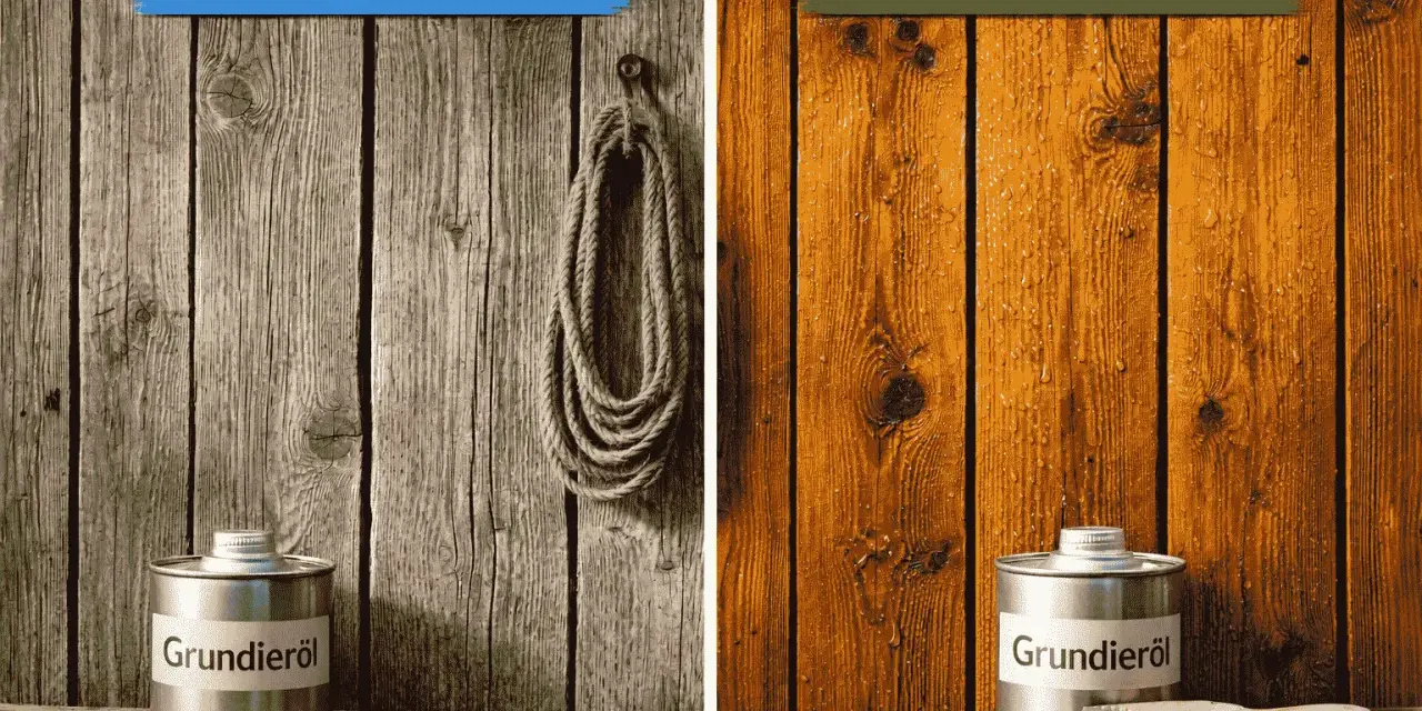 Vorher/Nachher: Graues Holz wird mit Grundieröl zu warmem Braun. Wandfarbe auf Holz schützt und verschönert.