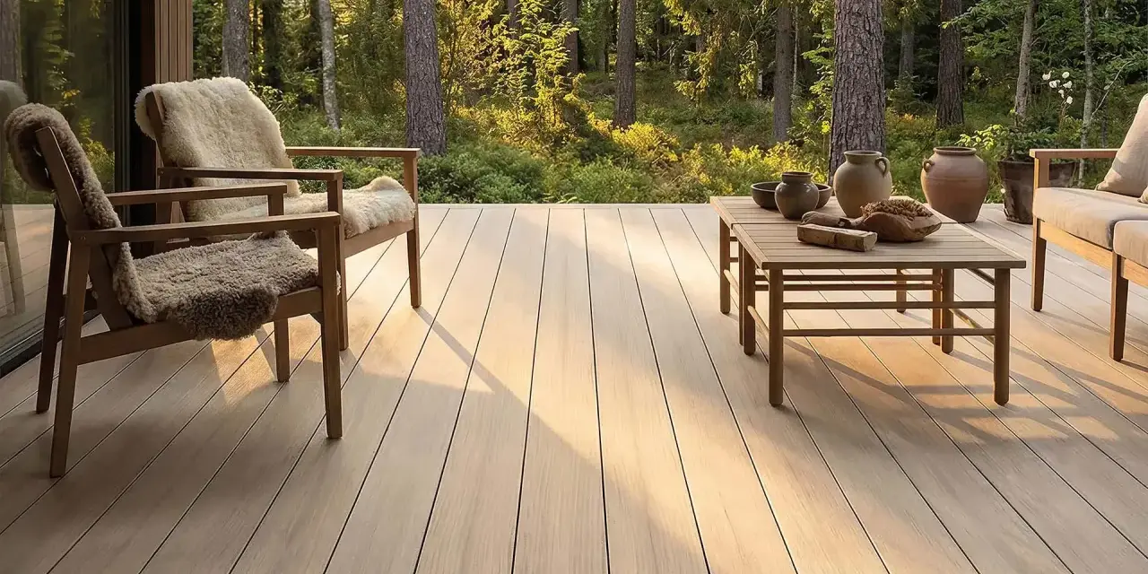 Holzdeck mit bequemen Sesseln und Tisch, umgeben von Wald. Ein **garten skandinavisch gestalten** – minimalistisch und naturverbunden.
