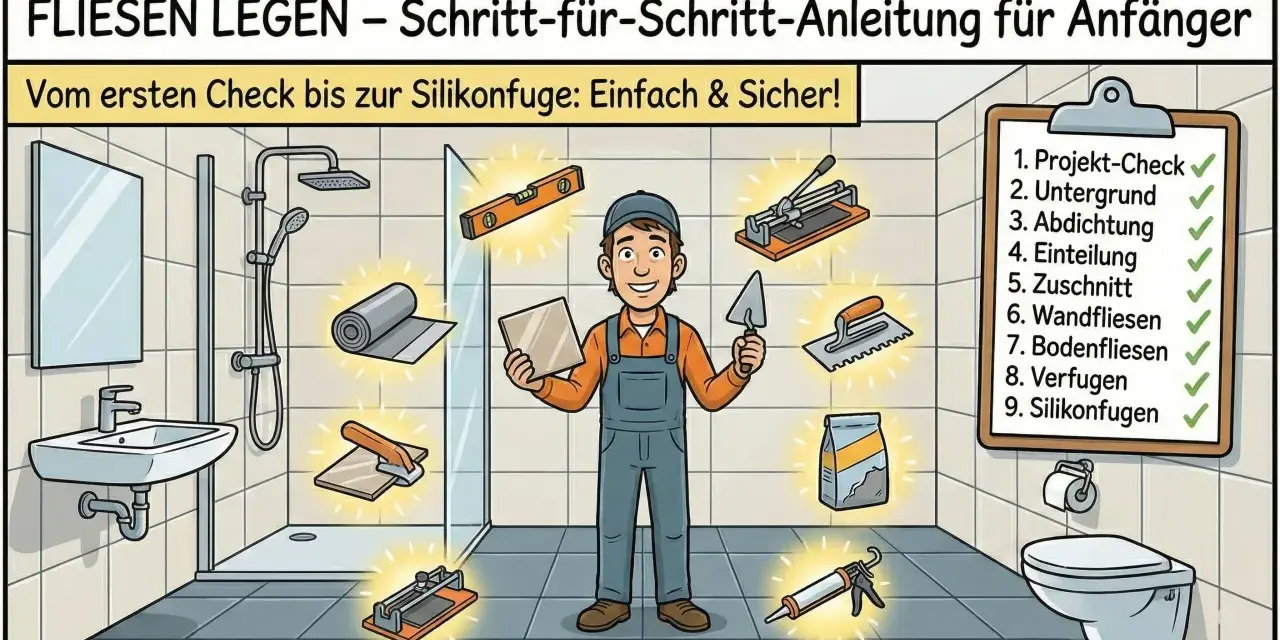 Anleitung zum Fliesenlegen: Ein Mann im Badezimmer hält eine Fliese. Werkzeuge wie Fliesenleger, Wasserwaage und Silikonpistole sind zu sehen. So werden die Fliesen begehbar.