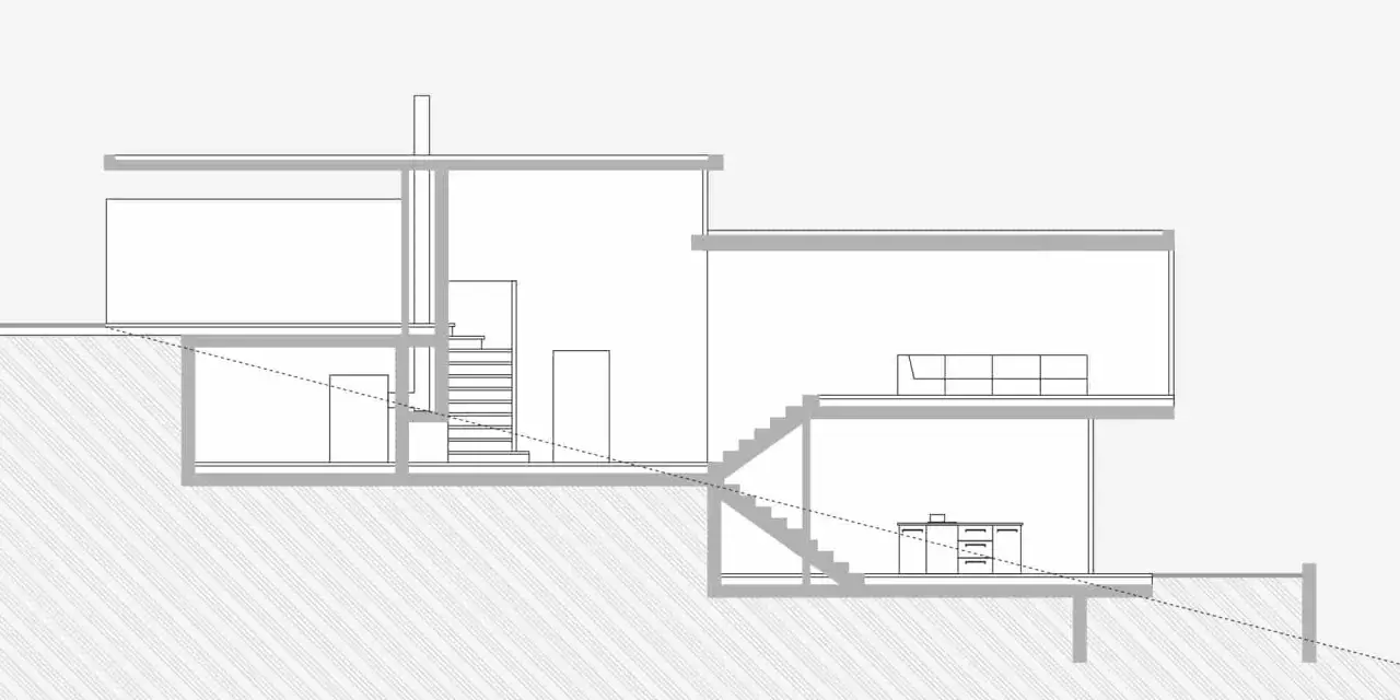 Schnittzeichnung eines Hauses in **Split-Level**-Bauweise mit versetzten Ebenen, Treppen und Räumen.