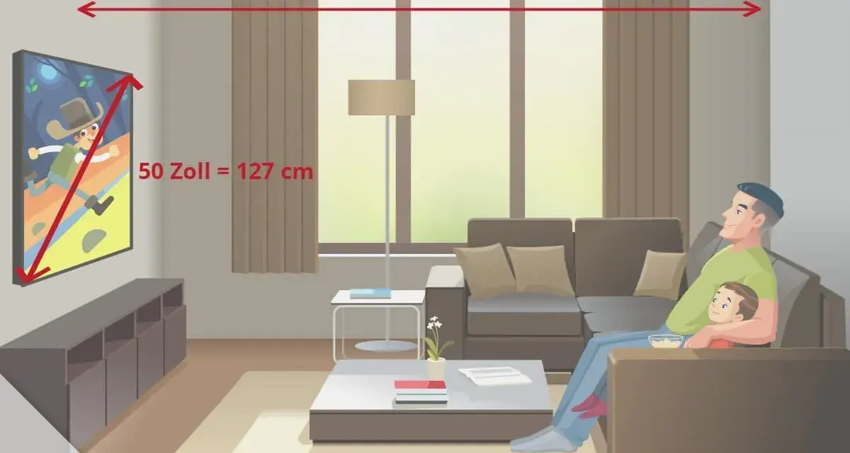 Ein Vater mit seinem Sohn genießt den neuen Fernseher im Raum. Die Maße des Fernsehers werden angezeigt.
