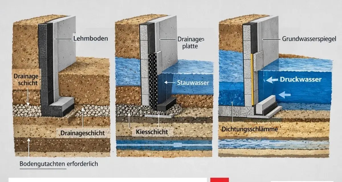 Drei Szenarien zeigen, wie Beton mit Feuchtigkeit, Stauwasser und Druckwasser umgeht. Beton ist wasserdicht, aber die Abdichtung ist entscheidend.