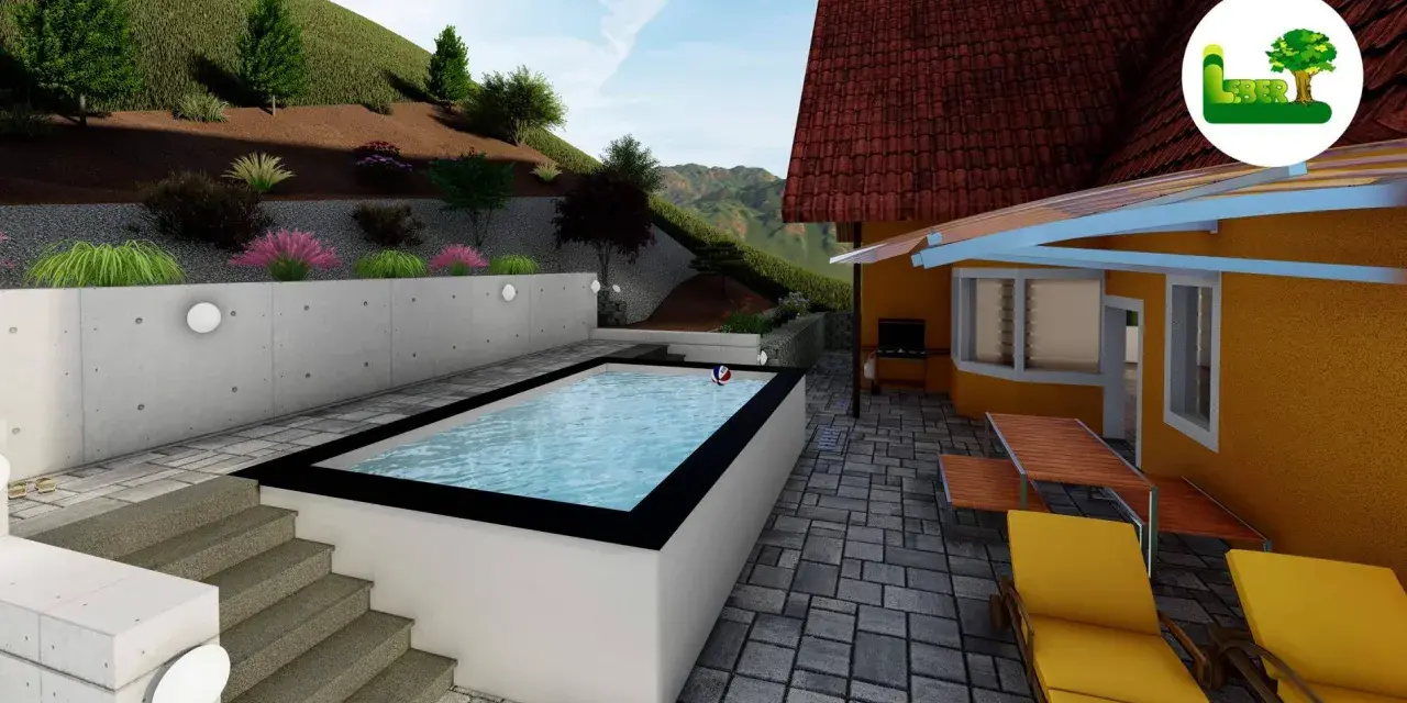 Moderne Pool am Hang Ideen: Rechteckiger Pool mit Sonnendeck, Grill und Liegestühlen vor einem Haus mit Ziegeldach.