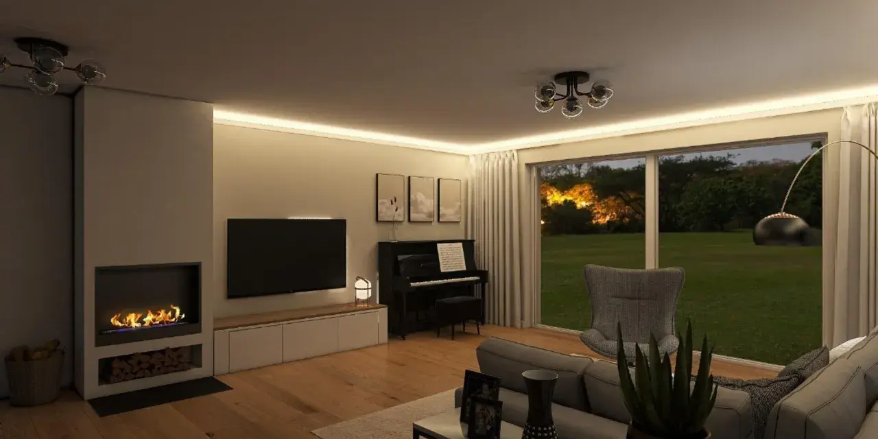 Gemütliches Wohnzimmer mit Kamin, Klavier und großem Fenster zum Garten. Ein perfekter Ort, um stilvoll einzurichten und zu entspannen.